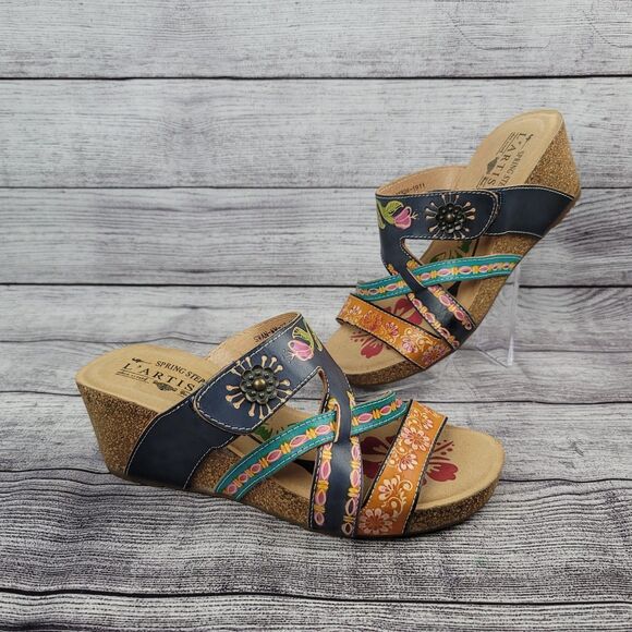 Spring Step L'Artiste Swan Sandals Leather Wedge Shoes Womens 37 EU 6.5-7 US - Picture 1 of 7